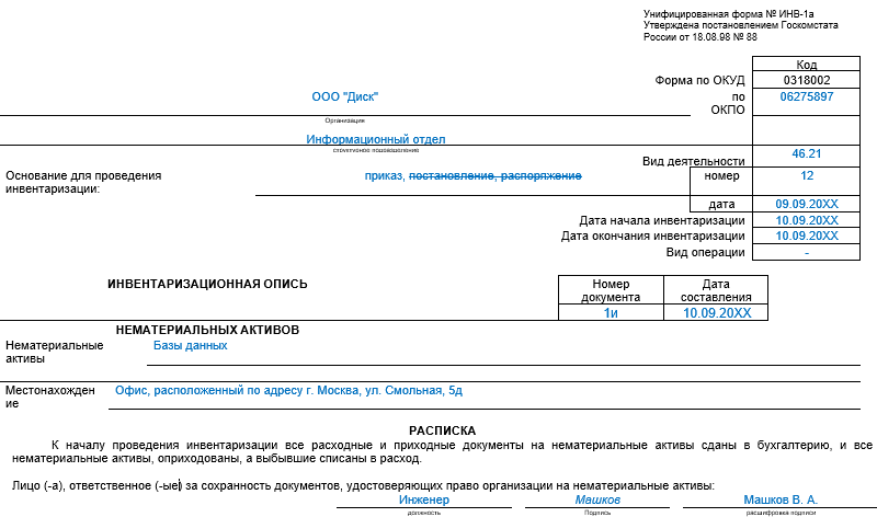 Инвентаризационная опись 0504087 образец заполнения 2021 для бюджетных