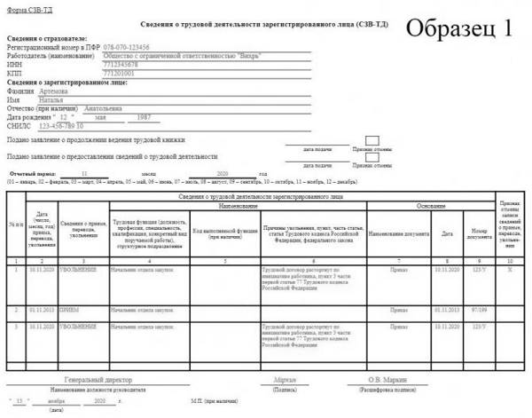 Форма сзв тд образец