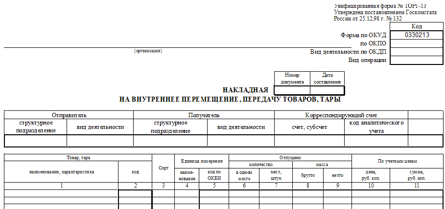 Накладная на внутреннее перемещение передачу товаров тары образец