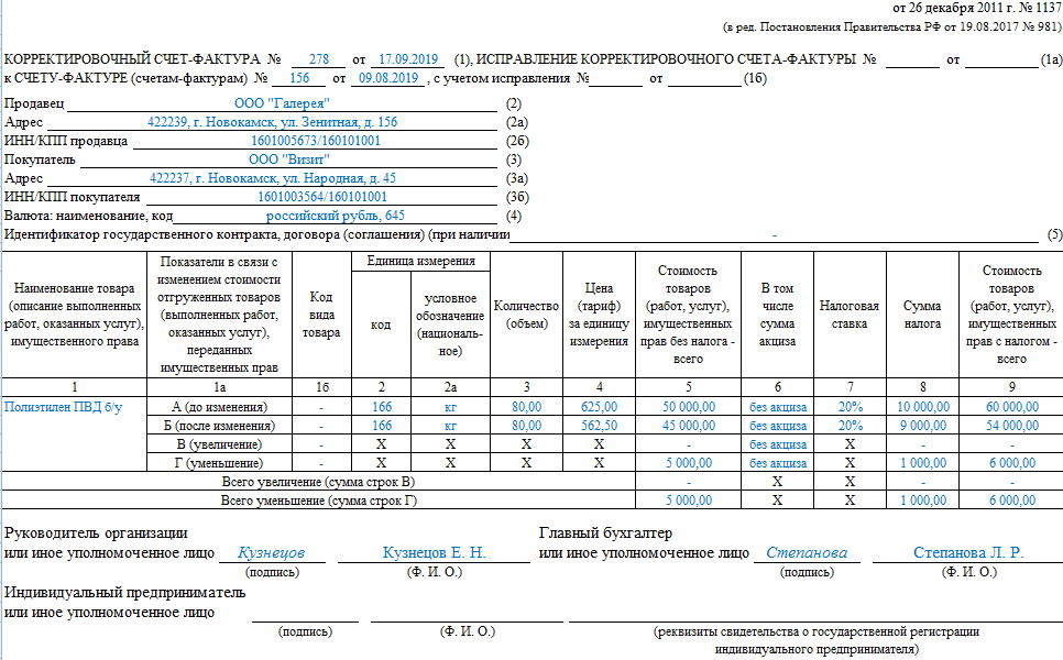 Образец корректировочная счет фактура при возврате товара от покупателя