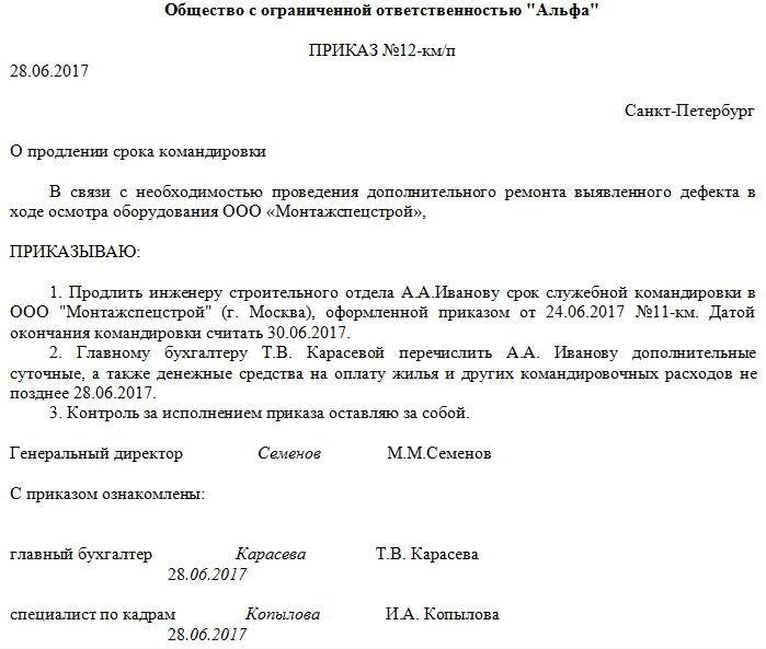 Образец приказа о суточных расходах при командировке