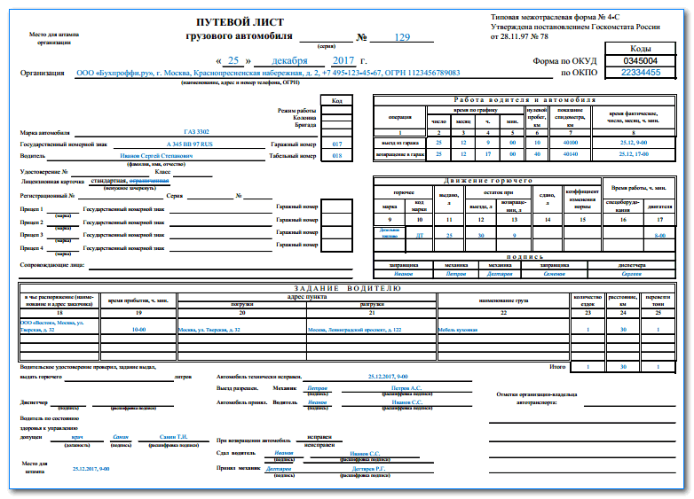 Путевой лист грузового автомобиля индивидуального предпринимателя образец заполнения с печатями