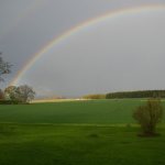 Rainbow, gloomy sky, green meadow, summer