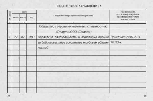 Образец приказ о благодарности с занесением в трудовую книжку образец