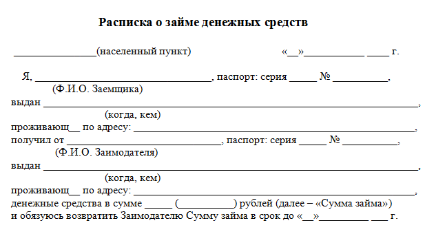 Договор о передаче денег между физическими лицами образец