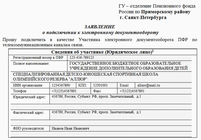 Заявление на подключение страхователя к электронному документообороту пфр образец