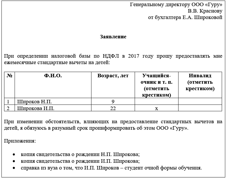 Заявление на стандартные вычеты на детей в 2023 году бланк образец